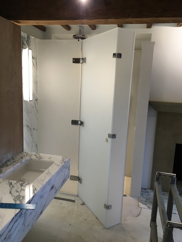 Bespoke frosted glass shower enclosure in Aldgate luxury bathroom
